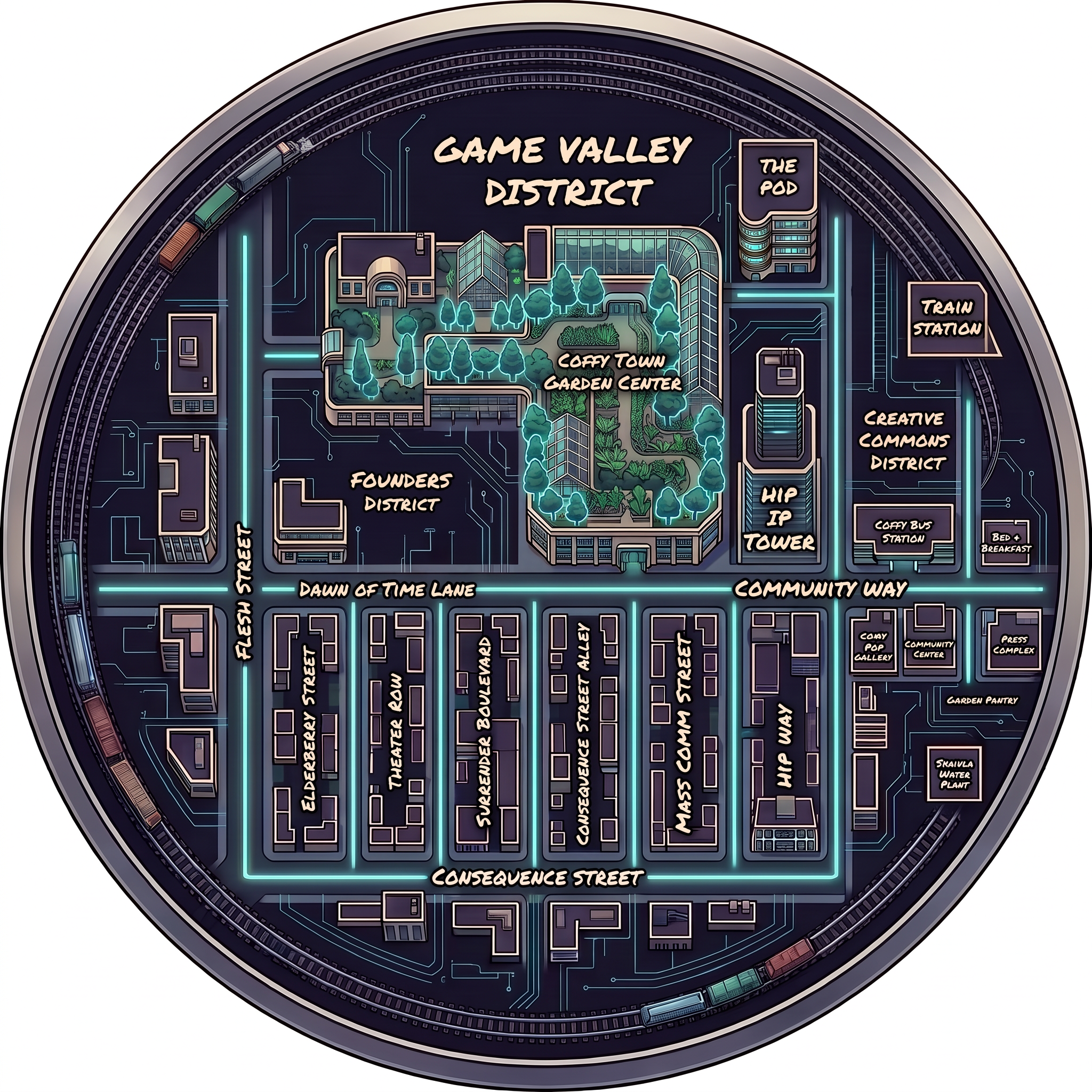 Illustrated neon-noir map of Coffy Town: a circular town ringed by the train line. Game Valley District and The Pod sit at the top, the Coffy Town Garden Center in the center with Founders District and Dawn of Time Lane to the west, the Theater District street grid to the south, and HIP IP Tower, Coffy Bus Station, Bed & Breakfast, Train Station, Coffy Pop Gallery, Community Center, Press Complex, Garden Pantry and Skawla Water Plant along Community Way in the Creative Commons District to the east.