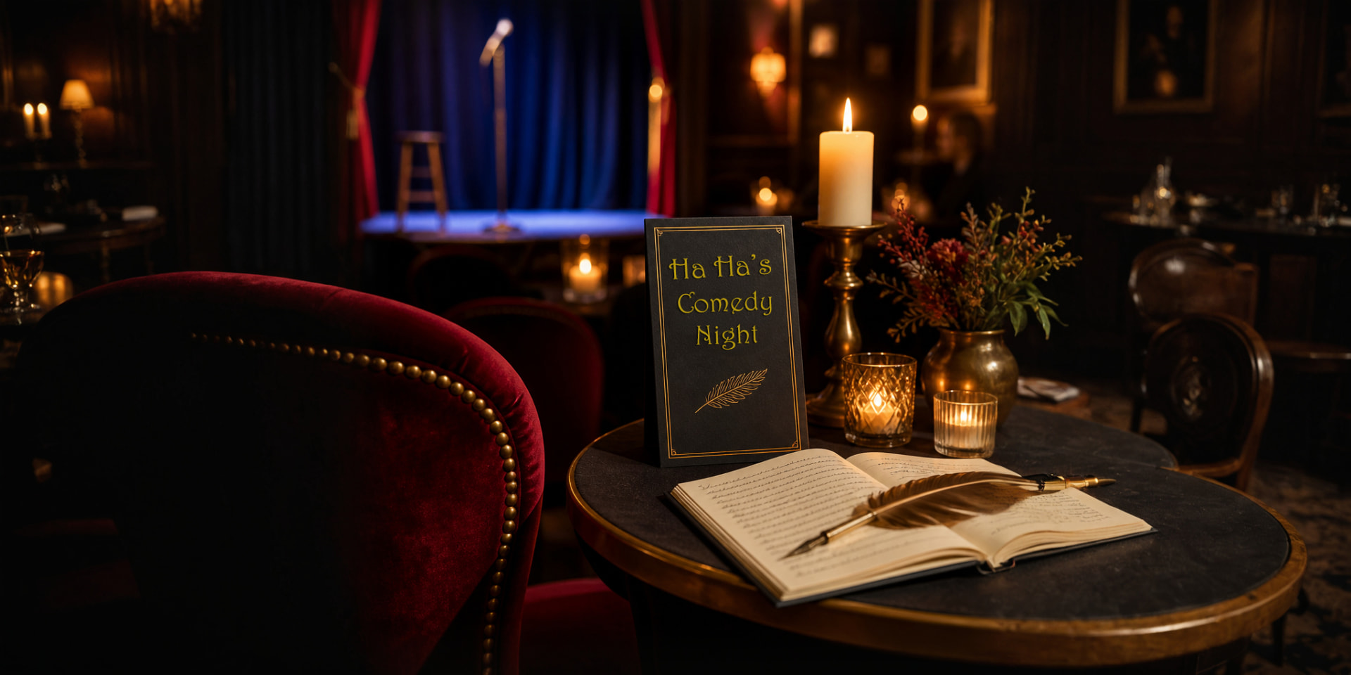 Candlelit table at Ha Ha's with a gold-lettered Ha Ha's Comedy Night card, an open notebook and quill, red velvet chairs, and the empty stage mic behind a blue curtain