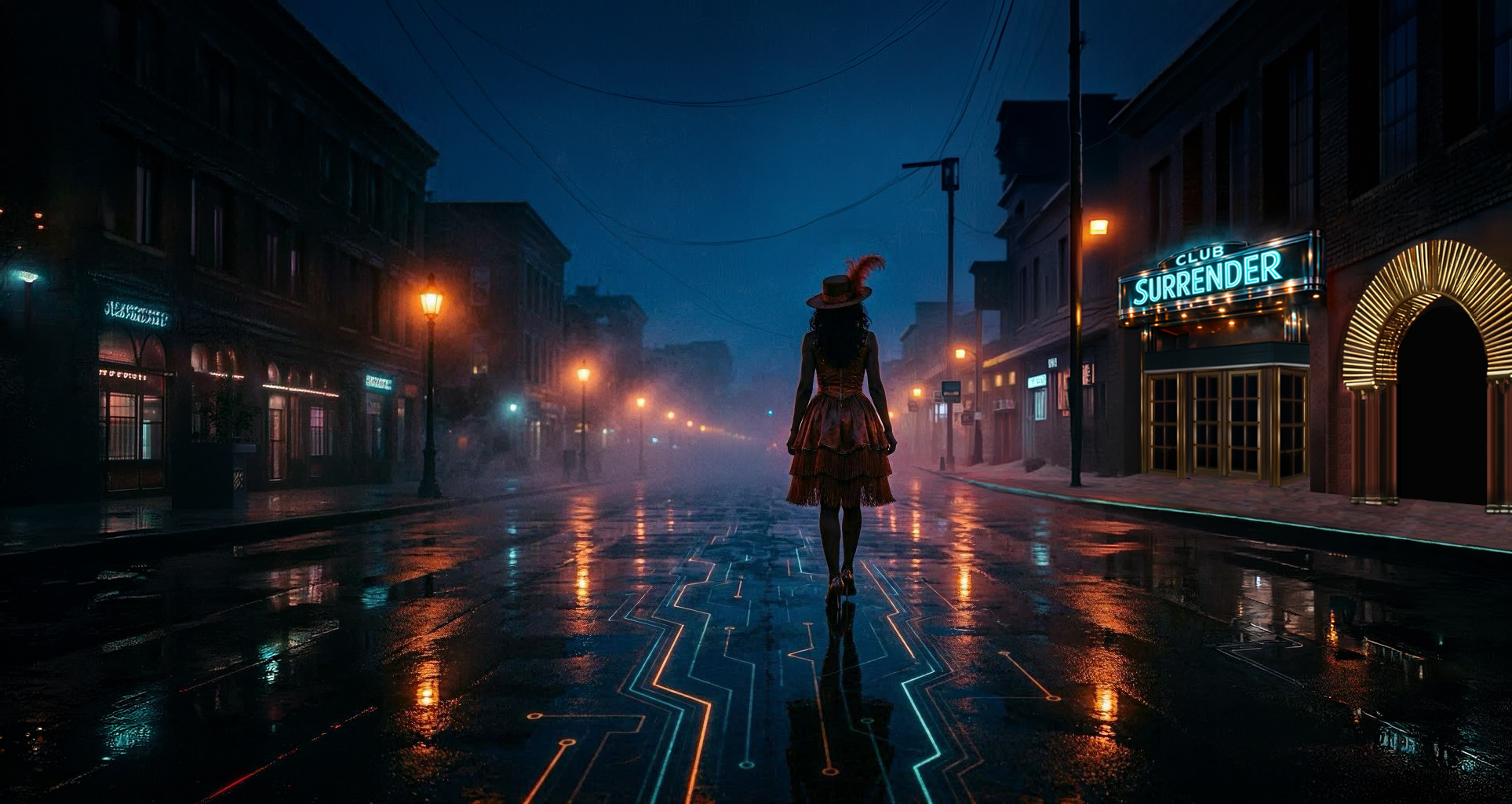 Surrender Boulevard at night — a woman in a feathered hat walks the wet circuit-lit street toward Club Surrender's glowing marquee and gold sunburst archway.