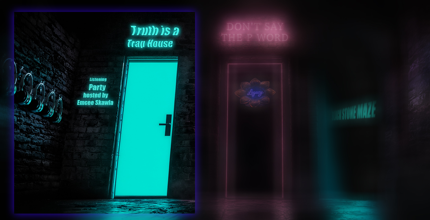 The teal Truth is a Trap House door in the Tower basement, lit in neon.